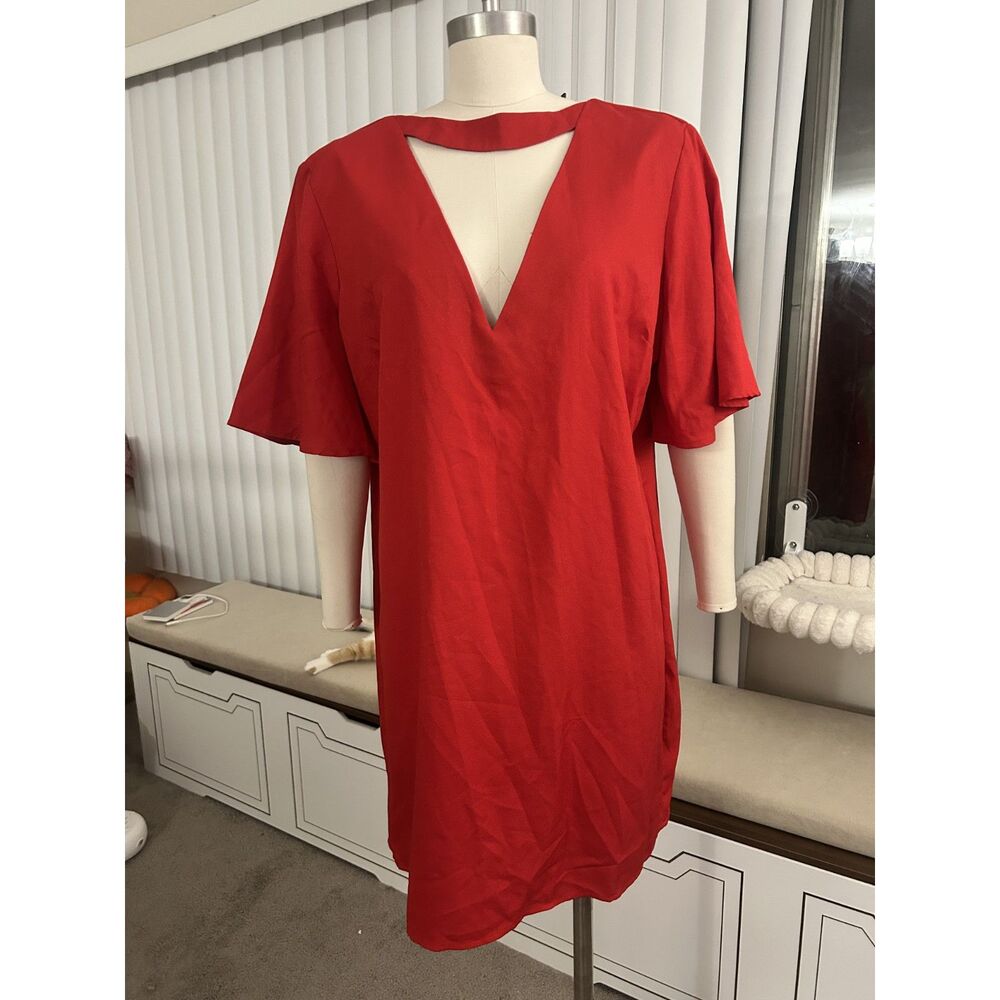 Boohoo Plus Red Choker V Neck Shift Dress Womens US 14 Frill Sleeve NWT Berry